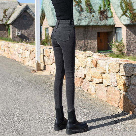 Smoke Gray High-Waisted Jeans for Women, Fleece-Lined, 2025 Autumn and Winter New Style, Stretchy, Slimming, Cropped Pants, Skinny Fit, for Outerwear