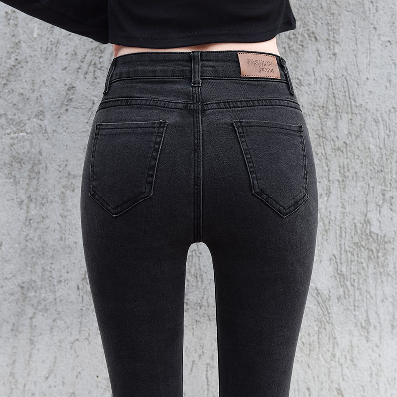 Smoke gray jeans women's 2021 spring and autumn new women's Korean edition high waist stretch thin tight narrow tube pants women's nine points