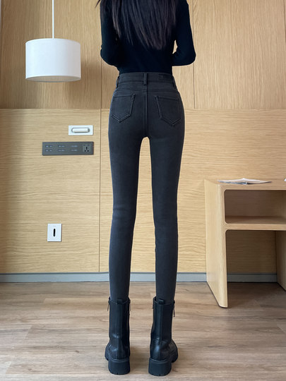 High-Waisted Smoky Gray Jeans for Women, 2025 Autumn and Winter New Style, Stretchy, Slimming, Skinny Pants, Tight-Fitting, Fleece-Lined Long Pants