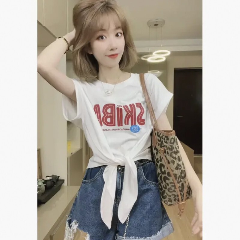 Designed with a Knotted Hem, Short-Sleeved T-Shirt for Women, 2023 Summer New Style, Letter Print, Round Neck, Slimming Tie-Up Top