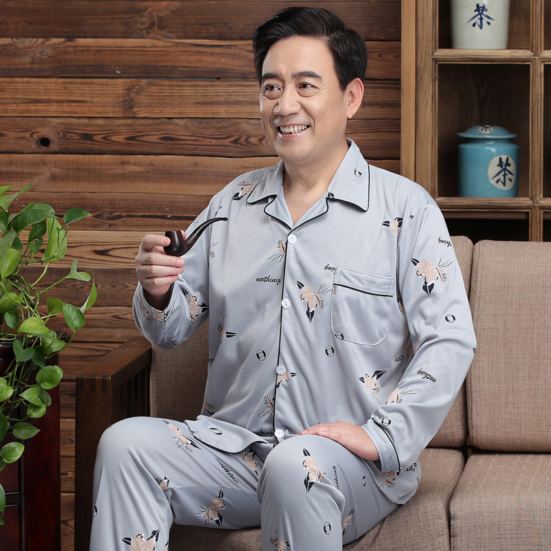 Mens đồ ngủ dài tay áo bông mùa xuân và mùa thu cardiganth mỏng trung niên bông mùa thu và mùa đông quần áo pajama mens nhà thiết.