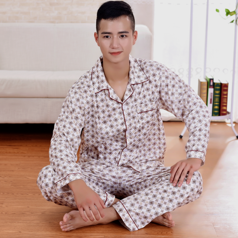 Mùa xuân và mùa thu mens trẻ bộ đồ ngủ dài tay bông trung niên mens pajamacard mens mùa hè quần áo nhà thiết.