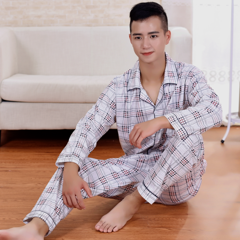 Mùa xuân và mùa thu mens trẻ bộ đồ ngủ dài tay bông trung niên mens pajamacard mens mùa hè quần áo nhà thiết.