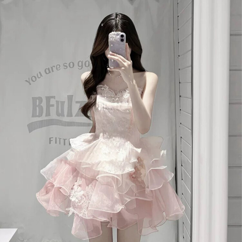 French-Style High-End Birthday Party Evening Dress, Heavy Lace Sequin Puffy Princess Dress, Short Dress for Women French-Style High-End Birthday Party Evening Dress, Heavy Lace Sequin Puffy Princess Dress, Short Dress for Women