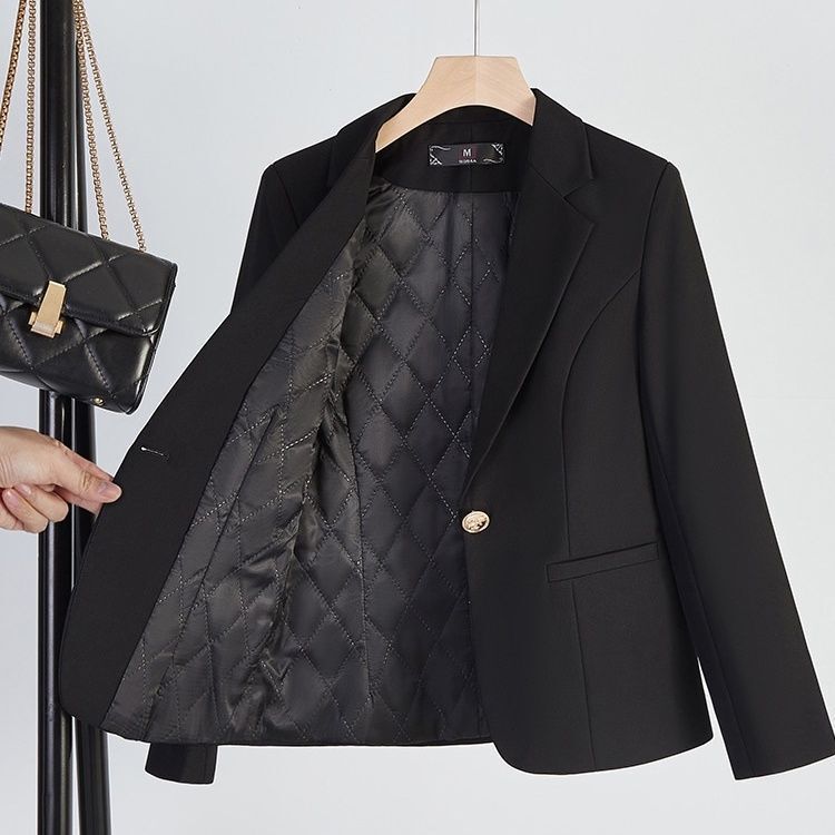 Black Quilted Blazer, Winter Thickened New Model 2025, High-End Casual Small-Sized Suit for Autumn and Winter