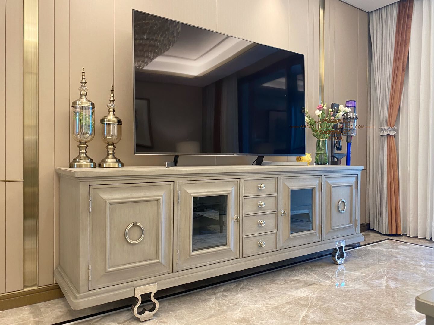 American Art Furniture Mory Impression TV Cabinet Light Extravagant Antique Make Old Solid Wood Engraved Metal Feet TV Cabinet