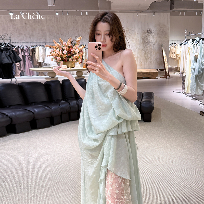 Yao Xiaotang's Same Style Freja Tencel Jacquard Ruched Off-Shoulder Lace Crystal Dress by Chenshop Designer