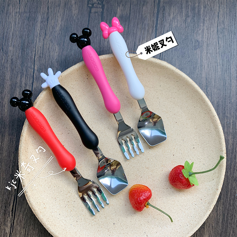 Japan Edison Mom KJC Mickey Stainless Steel Fork Spoon Baby Training Spoon Children Eating Spoon Cutlery