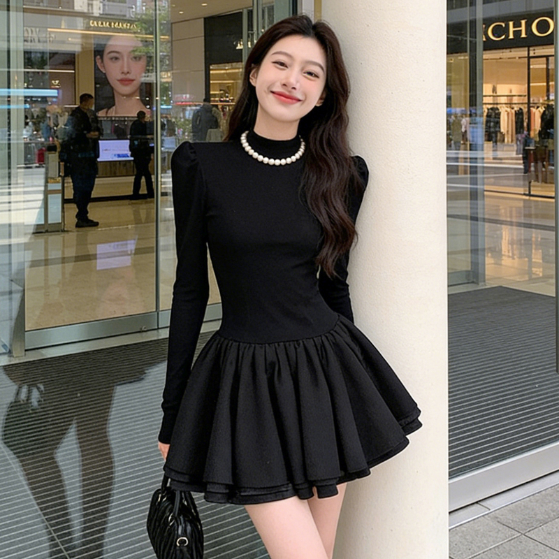French-Style Little Black Dress, Princess Dress, Women's Autumn and Winter Coat, Knitted Skirt, Birthday Dress, Puffy Skirt