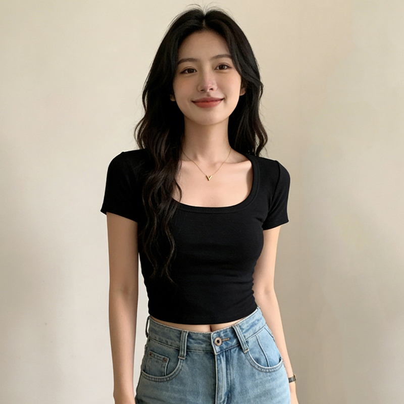 Zrckur Short-Sleeved T-Shirt for Women, Summer Design, Niche New Style, Slim Fit, Sexy Square Neck Short Top for Summer