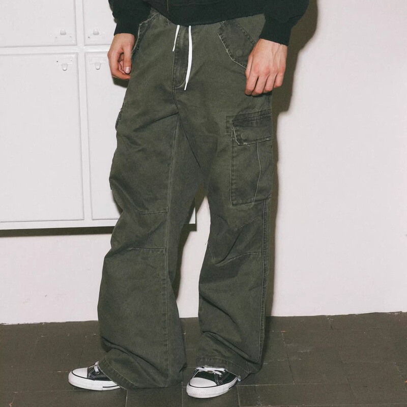 Danci Done Vintage First-Year Vintage-Style Faded Distressed Loose Straight-Leg Cargo Parachute Pants Danci Done Vintage First-Year Vintage-Style Faded Distressed Loose Straight-Leg Cargo Parachute Pants