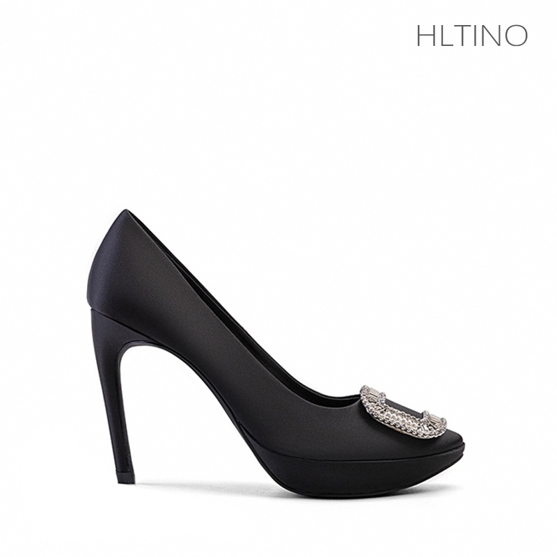 2026 New Black Rhinestone Square Buckle Round Toe High Heels Women's Stiletto French Sexy Platform Single Shoes Summer