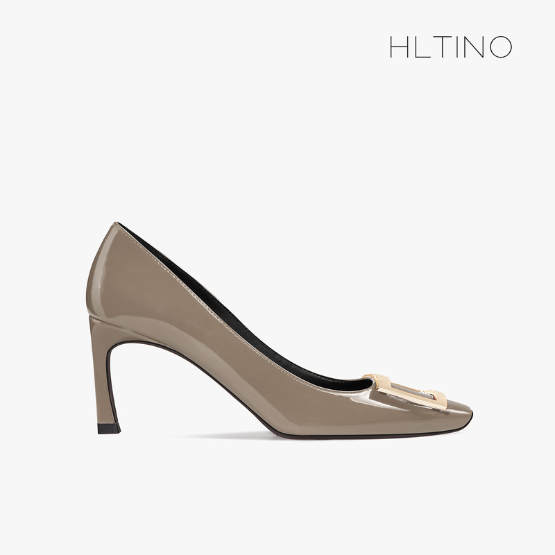 2026 Summer New Style Rv French Elephant Gray Patent Leather Square Toe Square Buckle Stiletto High Heel Party Shoes Women's Wedding Shoes