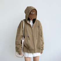 2021 autumn and winter plus suede thickened Even hat cardiovert sweatshirt woman loose embroidered pure color winter coat