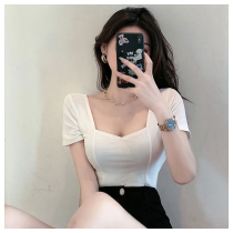 Sexy T-shirt women tide 2021 summer new short sleeve slim slim short square collar white high waist top summer