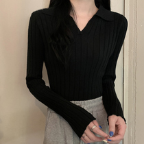 Black knit sweater with undershirt woman in spring and autumn with a long sleeve V collar sexy and dont get a swarm of blouses