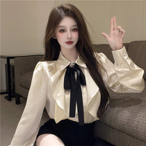 Palace Wind Long Sleeve Butterfly Knot Tie Shirt Woman Turnover Lotus Leaf side Fab-style shirt design Sensation Little blouse