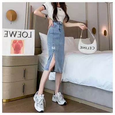 Side open fork denim skirt female high waist a character 2021 summer new wild small man bag hip medium and long version