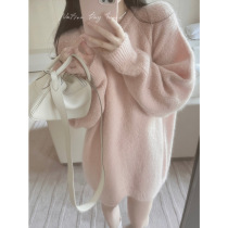 2021 autumn and winter new round collar soft glutinous sweater womens loose medium long furry pink knit blouse womens winter