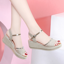 Slope heeled sandals women 2021 new summer thick bottom muffin high heels summer with skirt middle-aged mother sandals