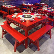 Hot Pot restaurant marble non-smoking hot pot table induction cooker integrated restaurant commercial gas stove solid wood table and chair combination