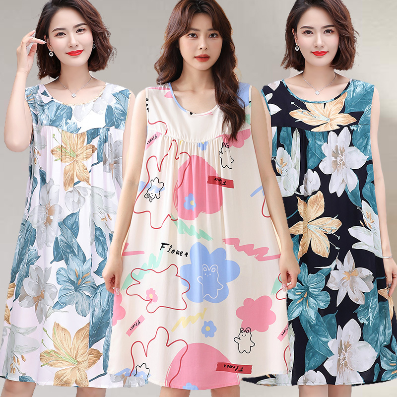 Cotton Silk Nightgown for Women, Summer Loose Large Size Sleeveless Vest Dress, Artificial Cotton Home Wear, Mom's Cotton Silk Pajamas Cotton Silk Nightgown for Women, Summer Loose Large Size Sleeveless Vest Dress, Artificial Cotton Home Wear, Mom's Cotton Silk Pajamas