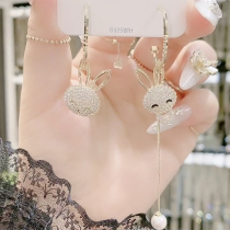 Korean version of 925 sterling silver needle asymmetric rabbit earrings female temperament personality diamond net red earrings light luxury ear jewelry