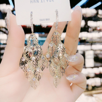 925 sterling silver needle summer new exaggerated personality leaf earrings long gold atmospheric diamond leaf earrings tide