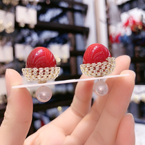 S925 Sterling Silver Needle Red Pearl Earrings Design Lace Diamond Cheerilee Stud Earrings Korean Temperament Net Red Earrings