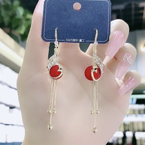 Korean version temperament red peacock high-end design earrings female personality all-match long tassel pearl earrings earrings