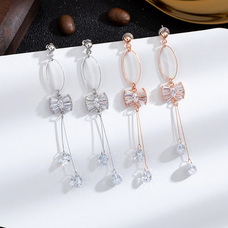 925 Silver Needle Temperament Brief Advanced Sensory Butterfly Knots Suearrings Woman Zircons Microinlaid Lukewarm Wind Mesh Red Earrings