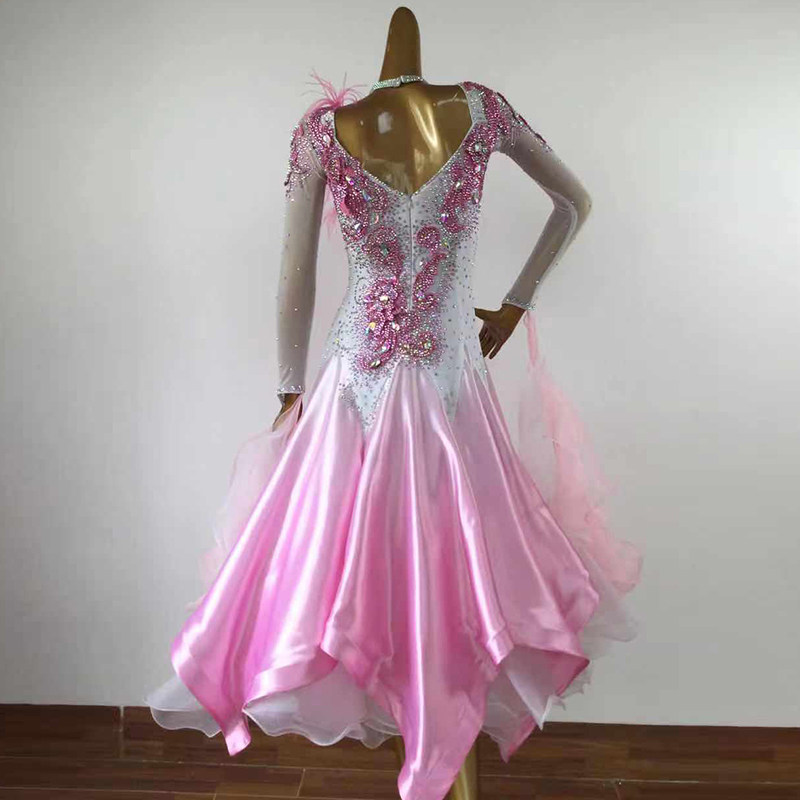National Standard Dance Dress Waltz Show Feather Satin Dress Modern Dance Show Social Dance Swing