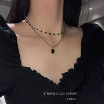 2022 new black crystal double laminated wearing hot girl necklace woman summer lock bone chain decoration neck chain light extravaganza