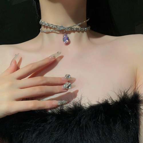 Ожерелье, чокер, цирконий, цепочка до ключиц для невесты, аксессуар, легкий роскошный стиль, инкрустировано бриллиантами