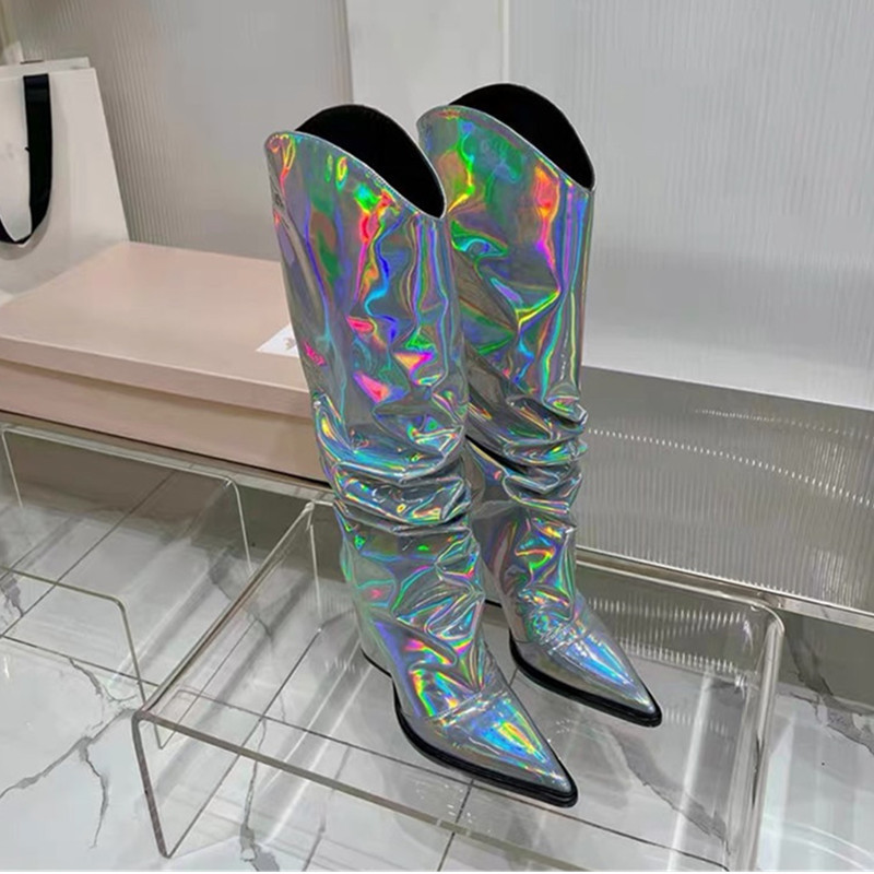 European and American Style Women's Long Boots with High Heels, Chunky Heels, Pointed Toes, in Gold, Silver, Iridescent Laser Shiny Finish, Pleated Design, Large Size High Boots for Export