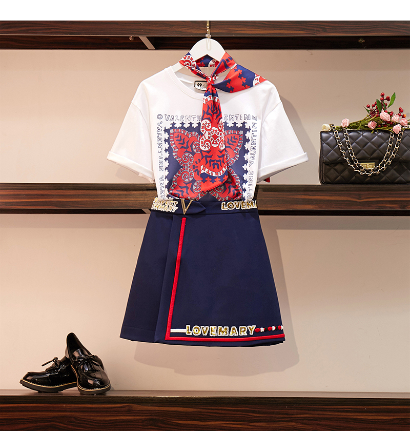 DABI 韓國復古風時尚植物紋T恤顯瘦套裝短袖裙裝 DABI 韓國復古風時尚植物紋T恤顯瘦套裝短袖裙裝