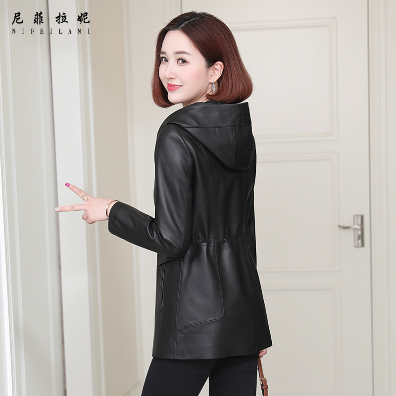 Henning genuine leather clothing female medium long version with cap laced with waist small sub-wind clothes drawn rope sheep leather jacket jacket