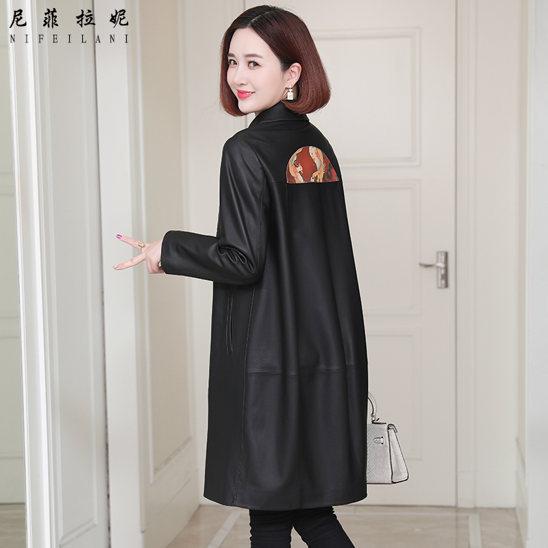Henning genuine leather windsuit woman with long version of square collar autumn dress splicing loose fashion thin and large size sheep leather fur coat