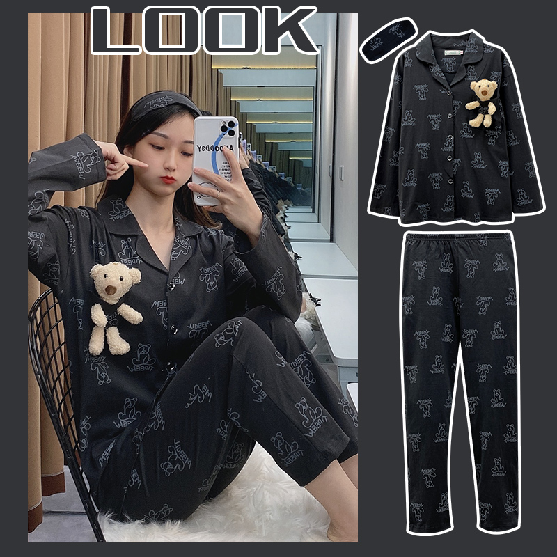 Spring Autumn Pyjamas Women's Pure Cotton Long Sleeves Net Red burgundy cub cuddly Couple Black Home Suits Men's Suit Wins