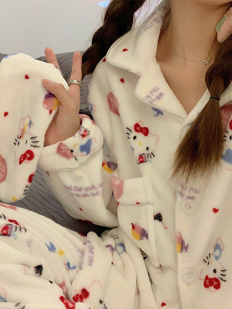 CaltoKrosa~nightgown female autumn coral velvet thickness plus long sleeve suit flannel cute home suit