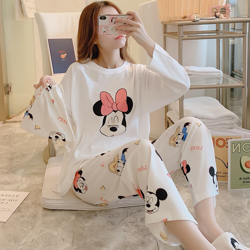 Cartoon Cloth Bag Pyjamas Woman Spring Autumn Season Pure Cotton Korean Version Loose Long Sleeve Home Suit Summer Autumn Winter Can Be Worn Out