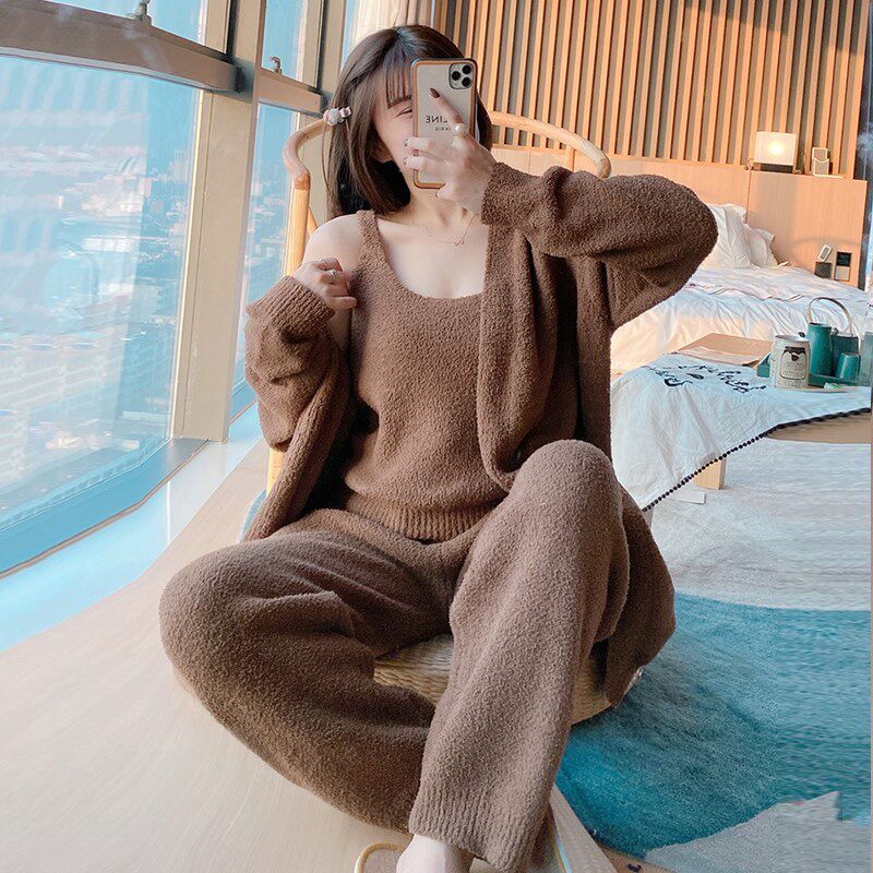 CaltoKrosa~coral velvet pajamas three pieces of autumn and winter plus thickening soft home suit