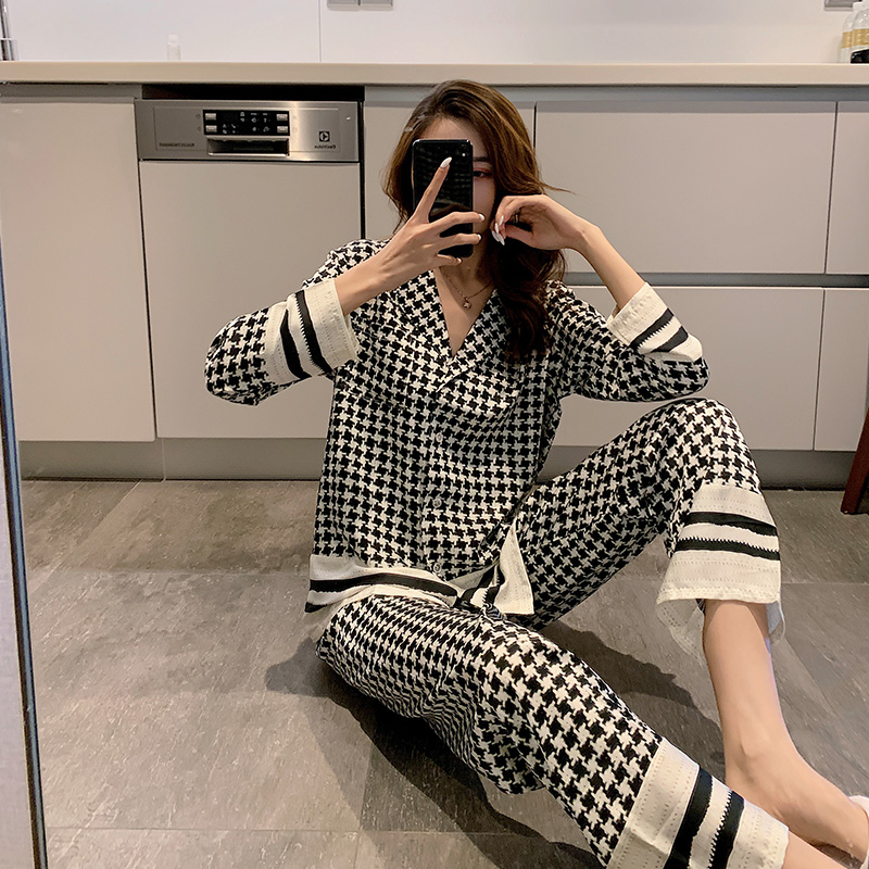 ZaSaFran autumn winter pyjamas female gold velvet Thousand bird goehouse dress in spring and autumn with a shirt-in-a-shirt grid thin suit