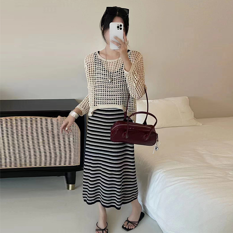Early Autumn Lazy Style Fishnet Hollow-Out Knit Top Women's 2025 New Top Blouse Camisole Dress Two-Piece Set