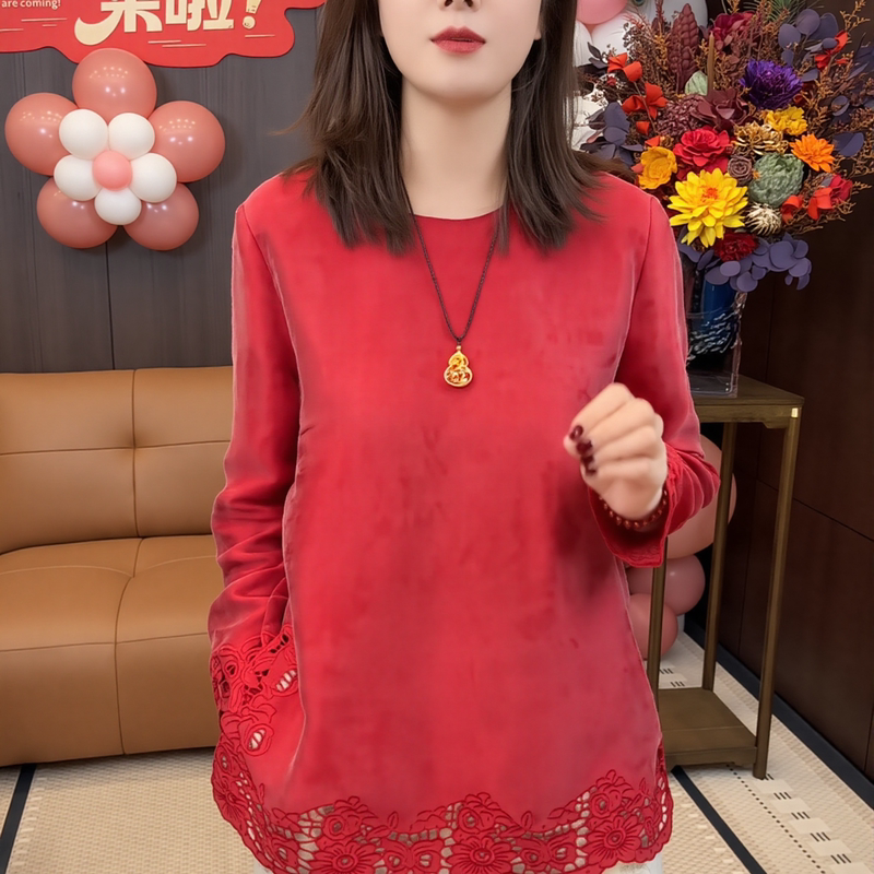 2026 Summer Plus Size Women's Clothing Fat mm Red New Year Outfit Long Sleeve Lace Patchwork Base Shirt High-End Top