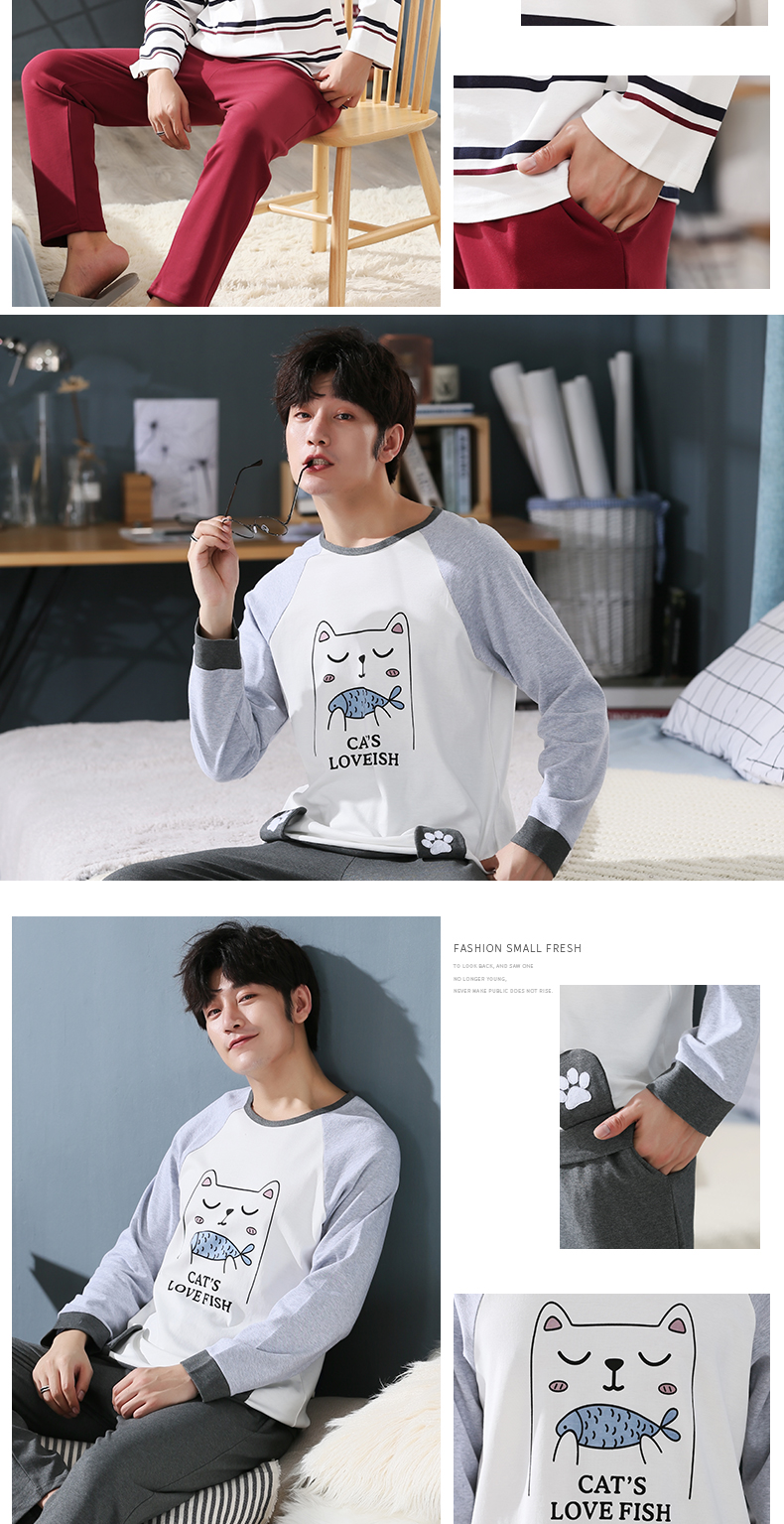 Bộ đồ ngủ nam mùa xuân và mùa thu cotton dài tay phục vụ giới trẻ cộng với phân bón XL có thể mặc bên ngoài bộ đồ cotton đồ bộ mặc nhà cao cấp hàn quốc