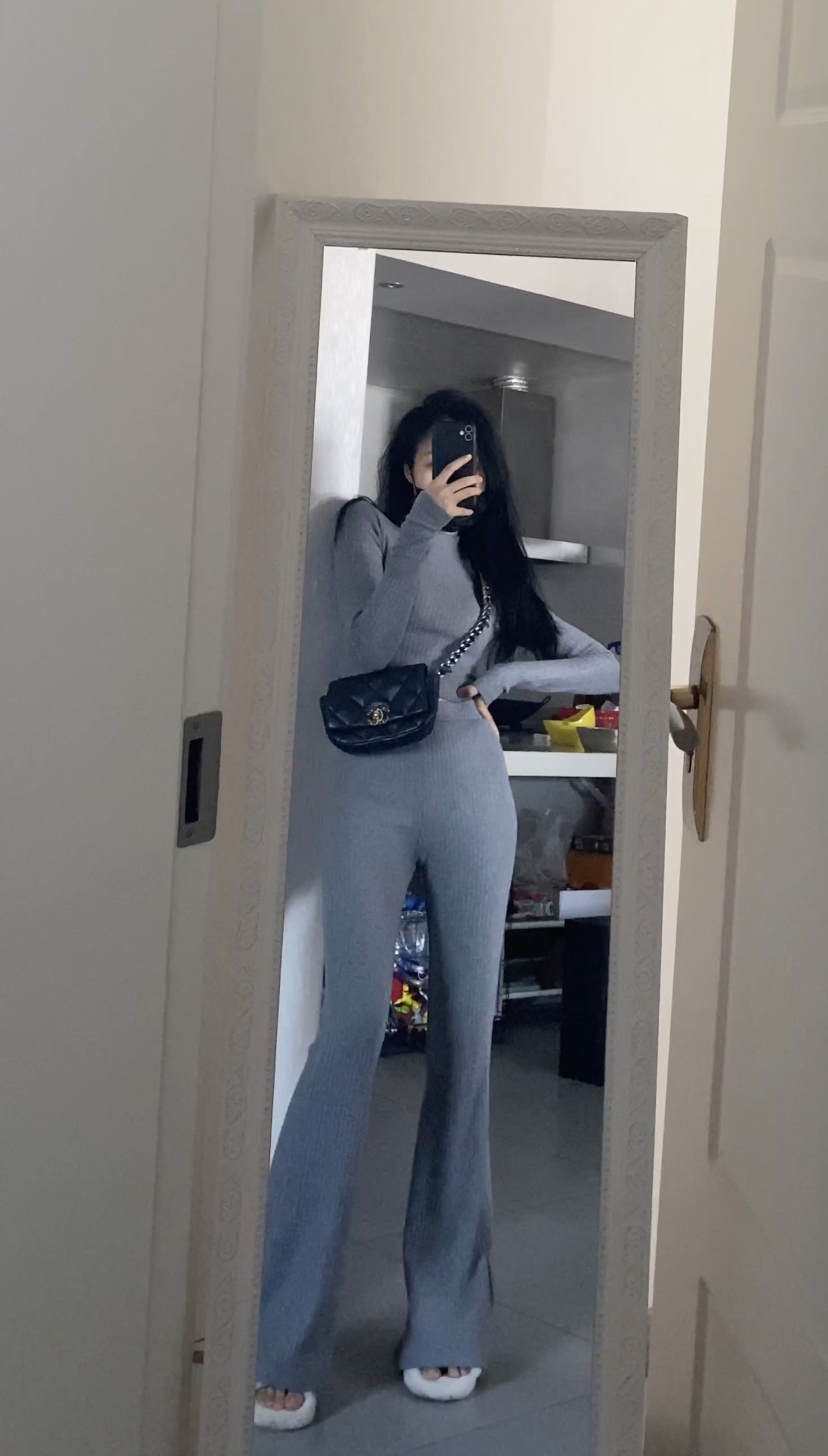 enen fashion suit female Korean solid color round neck short top high waist slim flared pants casual two piece