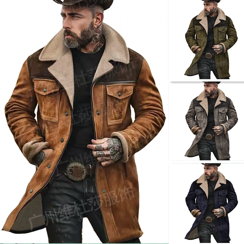European and American 2024 Autumn and Winter Men's Jacket Cross-Border Suede Color-Blocked Jacket Amazon Multi-Pocket Zip-Up Coat European and American 2024 Autumn and Winter Men's Jacket Cross-Border Suede Color-Blocked Jacket Amazon Multi-Pocket Zip-Up Coat