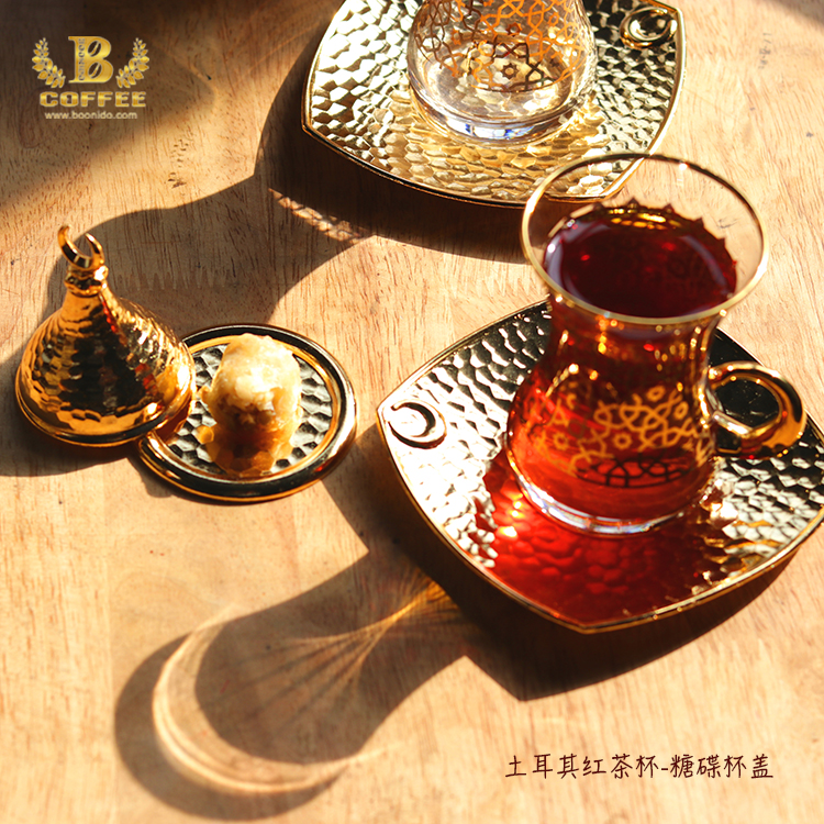 Turkish black tea cup golden with sugar saucer cup European luxury glass cover Ottoman tea set 130ml