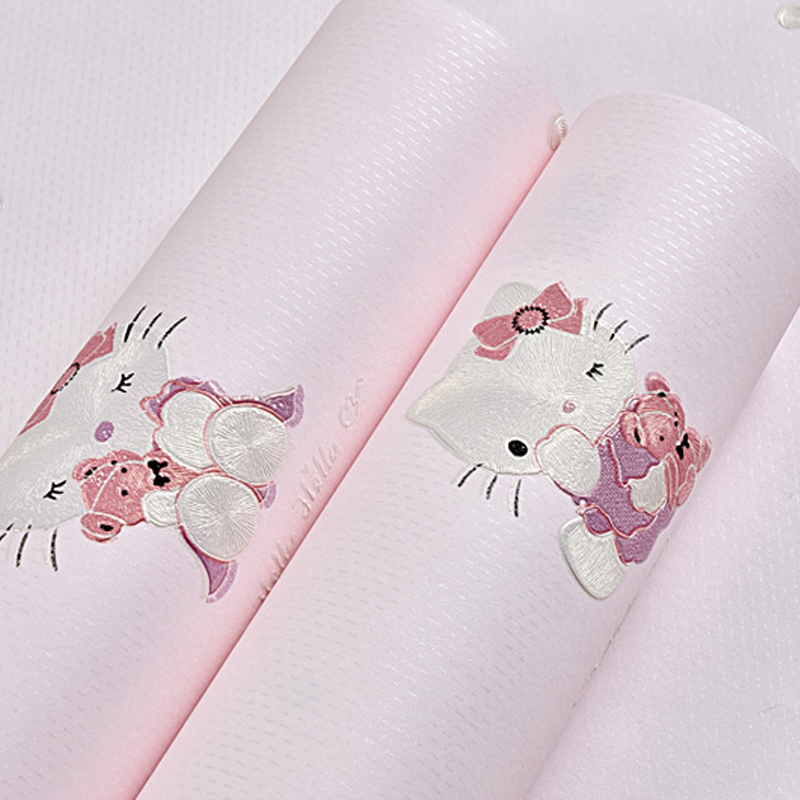 Wallpaper self-adhesive cartoon KT cat non-woven children's room wallpaper 3d pink girl princess room warm bedroom wallpaper